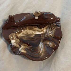 Vintage Dolphin Ashtray Brown Ceramic Glossy Coastal Beach Decor 90s
